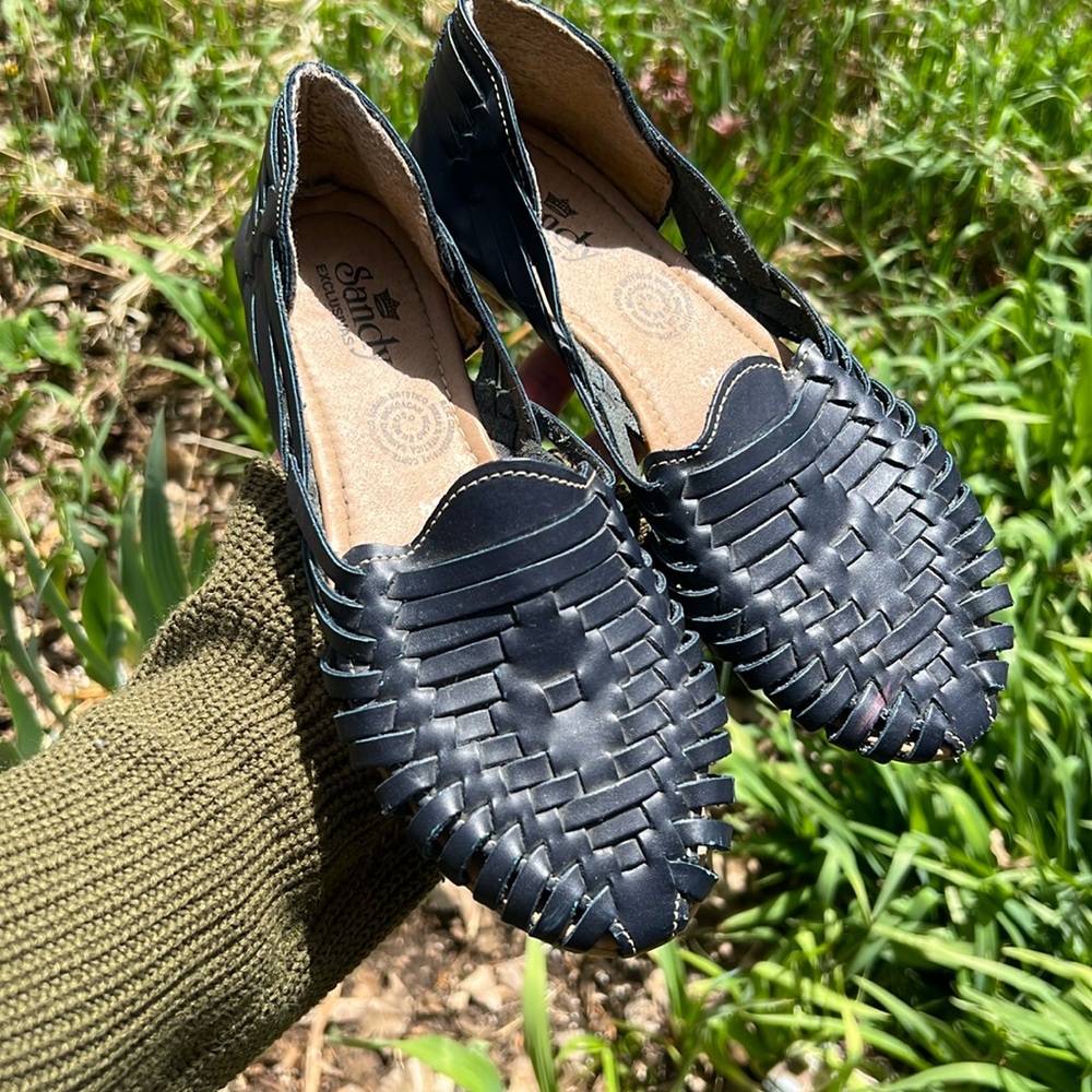 Women's Black Woven Leather Flats